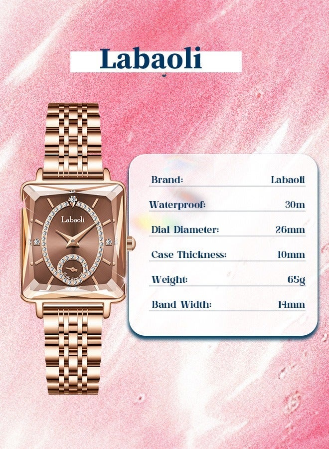 لاباولي ساعة يد من الفولاذ المقاوم للصدأ للنساء، مقاومة للماء، تعمل بحركة كوارتز، بتصميم وجه مزدوج ووجه مرايا مقطوع بقطع الماس. - Image 3