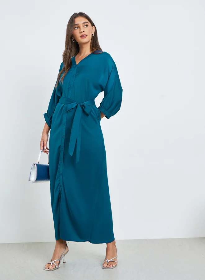 Teal Satin Shirt Maxi Dress with Tie-Belt