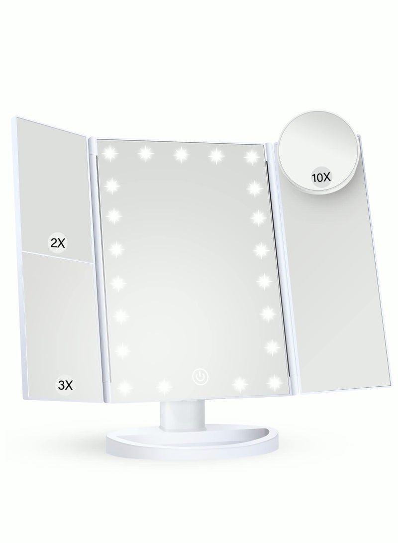 MIXDE abletop Mount Makeup Mirror with 21 LED Lights Two Power Supply Touch Screen and 1x 2x 3x Magnification Tri-Fold Vanity Mirror Gift for Women