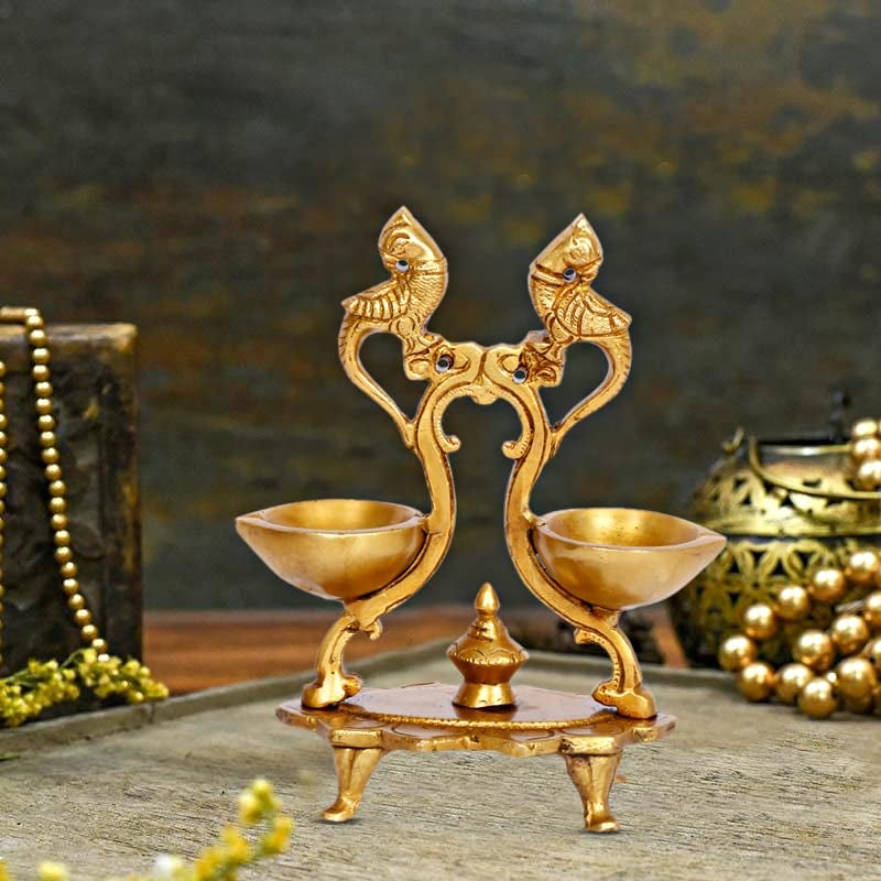 Artvarko Brass Peacock Bird Double Oil Lamp for Pooja Engraved Design Table Diya Beautifully Carved Deepak for Temple Decoration 6.5 Inch - Image 1