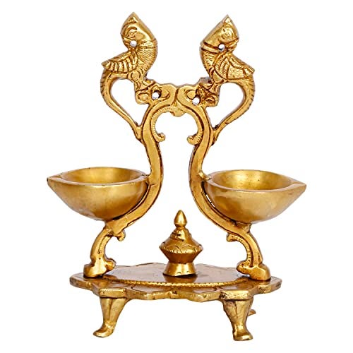 Artvarko Brass Peacock Bird Double Oil Lamp for Pooja Engraved Design Table Diya Beautifully Carved Deepak for Temple Decoration 6.5 Inch - Image 2
