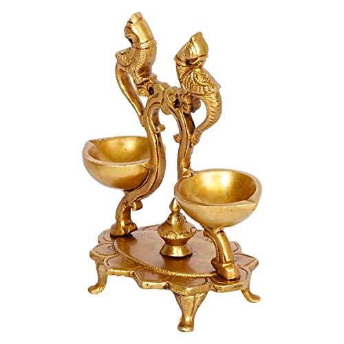 Artvarko Brass Peacock Bird Double Oil Lamp for Pooja Engraved Design Table Diya Beautifully Carved Deepak for Temple Decoration 6.5 Inch - Image 3