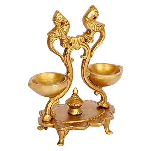 Artvarko Brass Peacock Bird Double Oil Lamp for Pooja Engraved Design Table Diya Beautifully Carved Deepak for Temple Decoration 6.5 Inch - Image 4