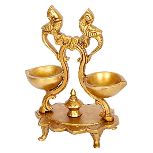 Artvarko Brass Peacock Bird Double Oil Lamp for Pooja Engraved Design Table Diya Beautifully Carved Deepak for Temple Decoration 6.5 Inch - Image 5