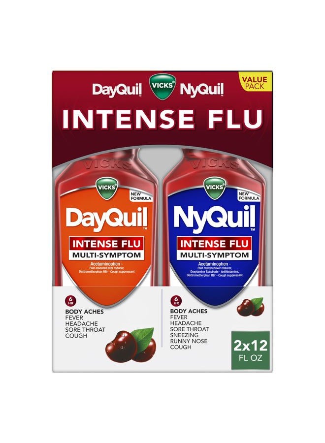 Vicks داي كويل وناي كويل سائل إنفلونزا مكثف، عبوة قيمة، بدون وصفة طبية، متعدد الأعراض، تخفيف قوي لآلام الجسم، الحمى، الصداع، التهاب الحلق، والسعال، تخفيف لمدة 6 ساعات، بنكهة الكرز، 12 أونصة سائلة - Image 1