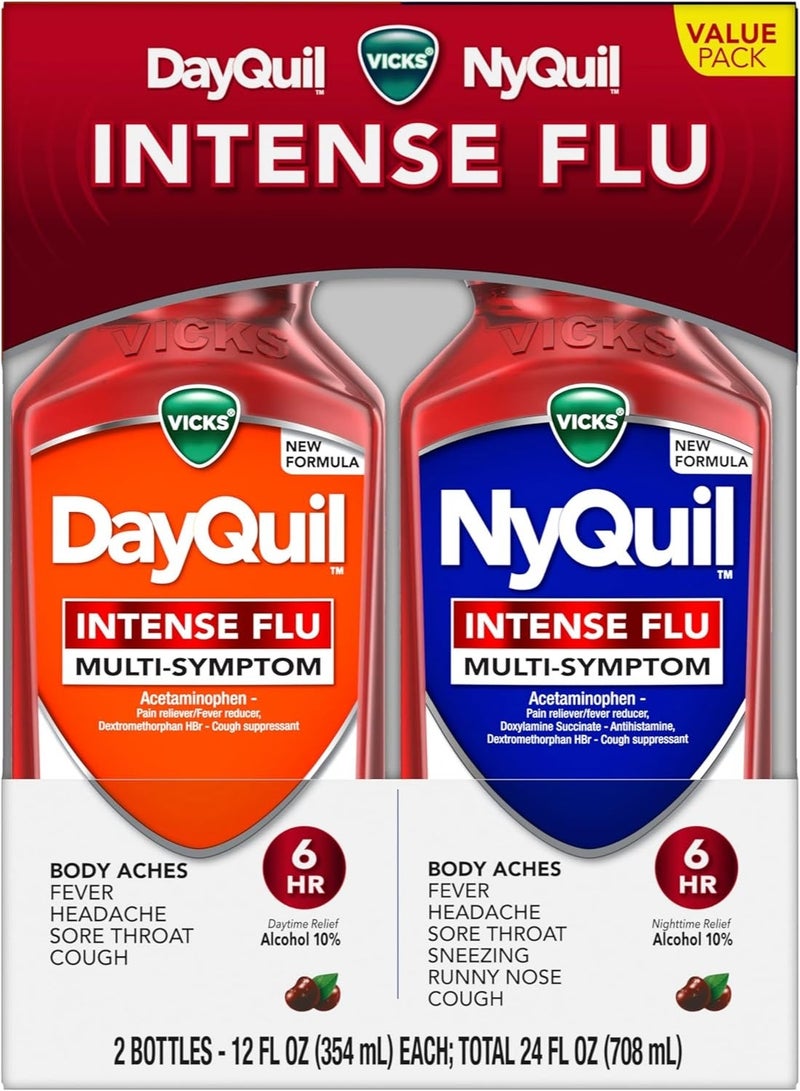 Vicks داي كويل وناي كويل سائل إنفلونزا مكثف، عبوة قيمة، بدون وصفة طبية، متعدد الأعراض، تخفيف قوي لآلام الجسم، الحمى، الصداع، التهاب الحلق، والسعال، تخفيف لمدة 6 ساعات، بنكهة الكرز، 12 أونصة سائلة - Image 1