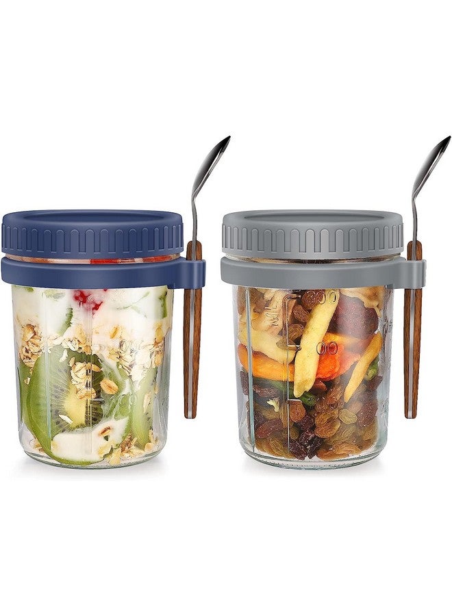 WHISKET 300 ml Overnight Oats Container with Lid and Spoon, Overnight Oats Jars, Milk, Vegetable and fruit Salad Storage Container with Measurement Marks (Grey and Blue) - Image 1