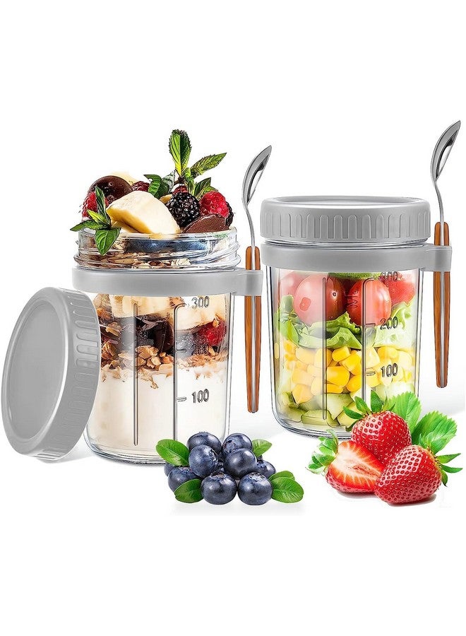 WHISKET 300 ml Overnight Oats Container with Lid and Spoon, Overnight Oats Jars, Milk, Vegetable and fruit Salad Storage Container with Measurement Marks (Grey and Blue) - Image 2