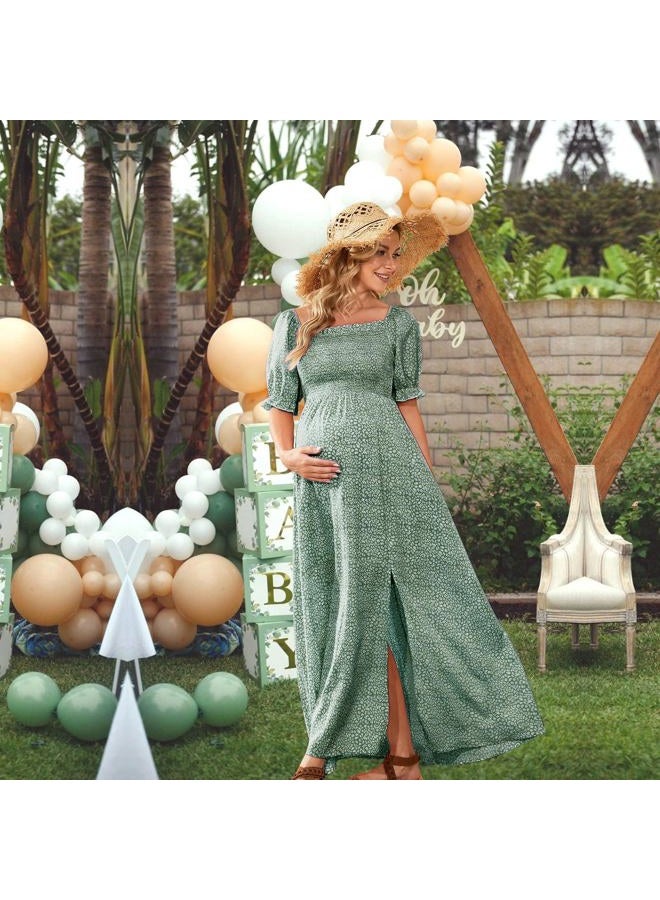 guruixu Floral Print Square Neck Puff Sleeve Maternity Dress for Baby Shower Photoshoot, Boho Smocked Split A Line Maternity Dress, Sage Green, L - Image 3