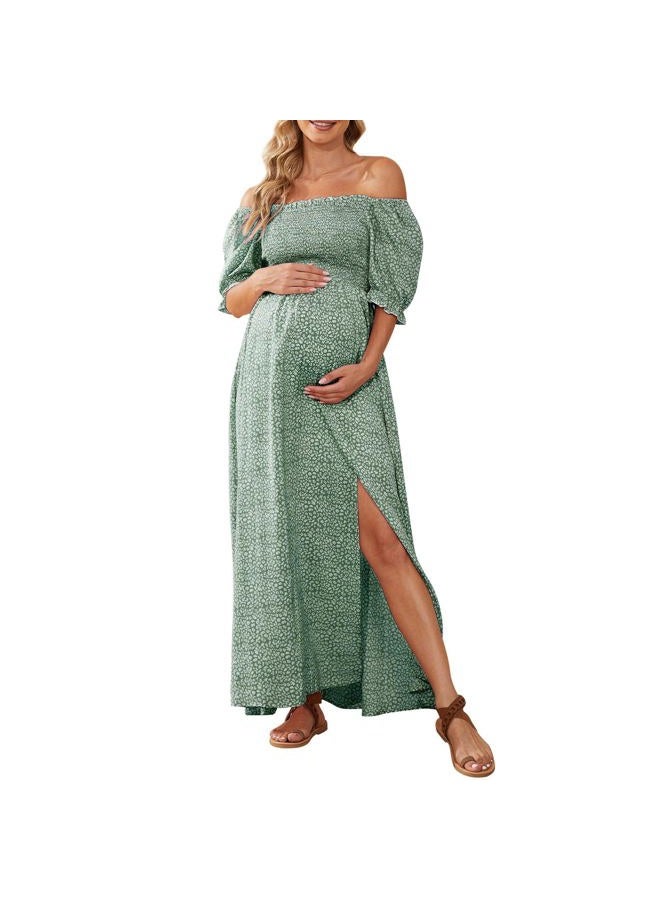 guruixu Floral Print Square Neck Puff Sleeve Maternity Dress for Baby Shower Photoshoot, Boho Smocked Split A Line Maternity Dress, Sage Green, L - Image 1