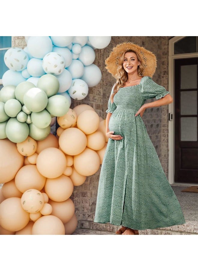 guruixu Floral Print Square Neck Puff Sleeve Maternity Dress for Baby Shower Photoshoot, Boho Smocked Split A Line Maternity Dress, Sage Green, L - Image 2