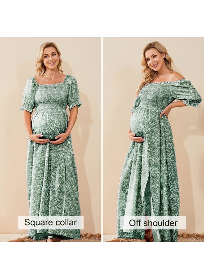 guruixu Floral Print Square Neck Puff Sleeve Maternity Dress for Baby Shower Photoshoot, Boho Smocked Split A Line Maternity Dress, Sage Green, L - Image 5