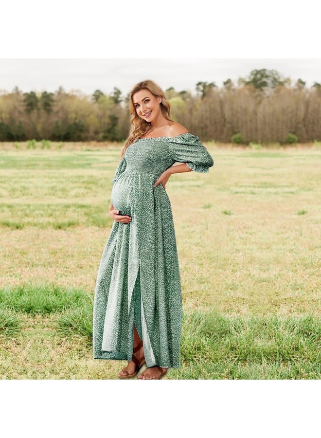 guruixu Floral Print Square Neck Puff Sleeve Maternity Dress for Baby Shower Photoshoot, Boho Smocked Split A Line Maternity Dress, Sage Green, L - Image 4