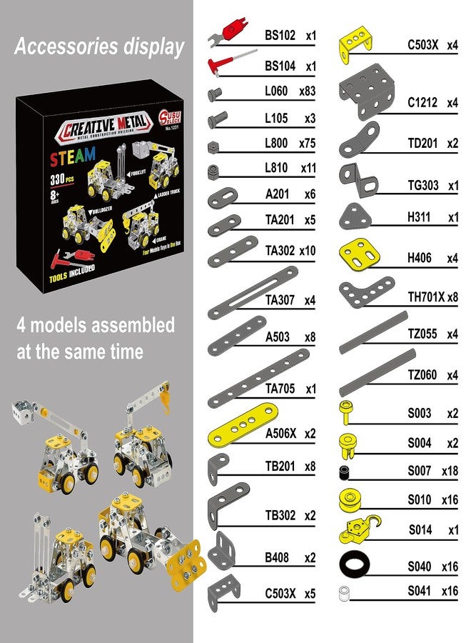 Ferthor Fun Erector Set for Boys Age 8-12,4 Mini Metal Model Set for Kids,Engineering Metal Building Kit,Learning Construction Truck Building Toys for Boys Age 8-12 DIY STEM Educational Gifts (330pcs) - Image 4