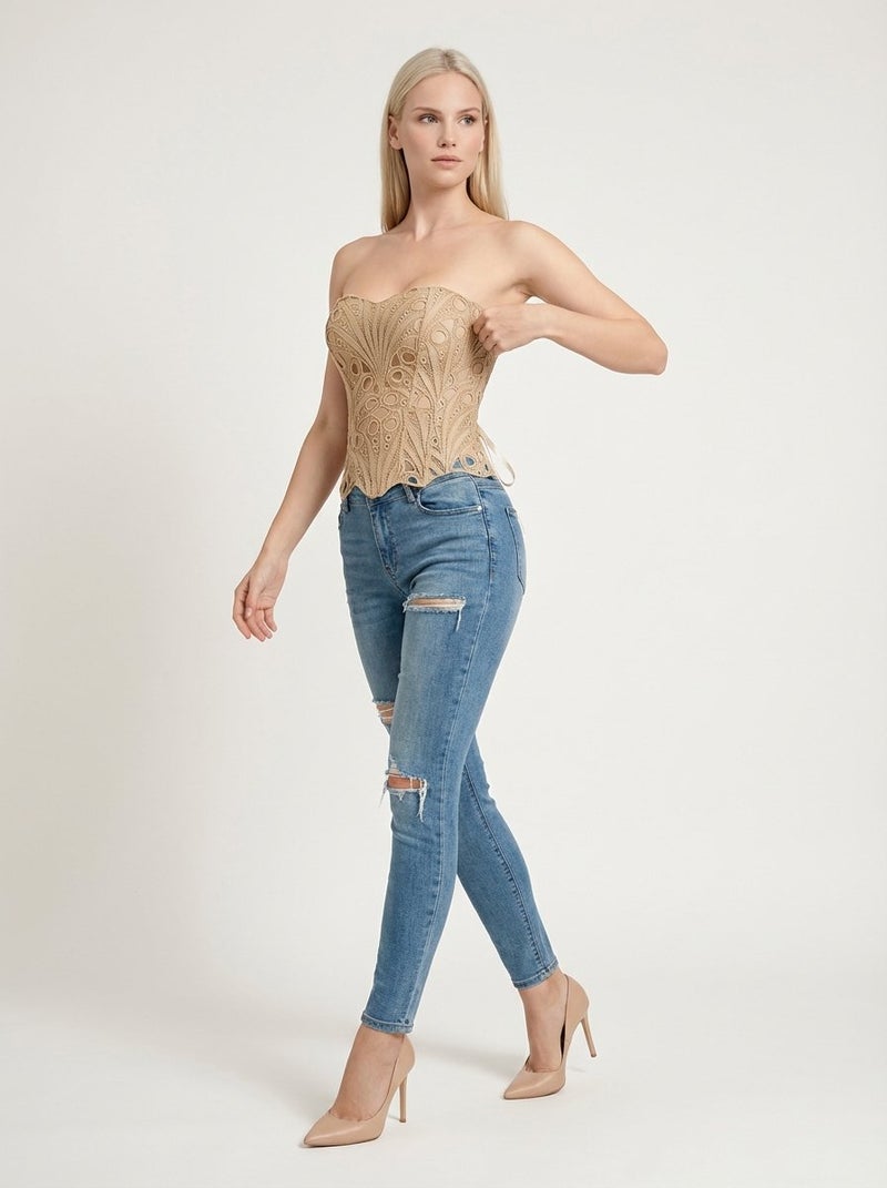 لاريسافيرولين بلوزة دانتيل بدون حمالات - بيج عتيق - Image 2