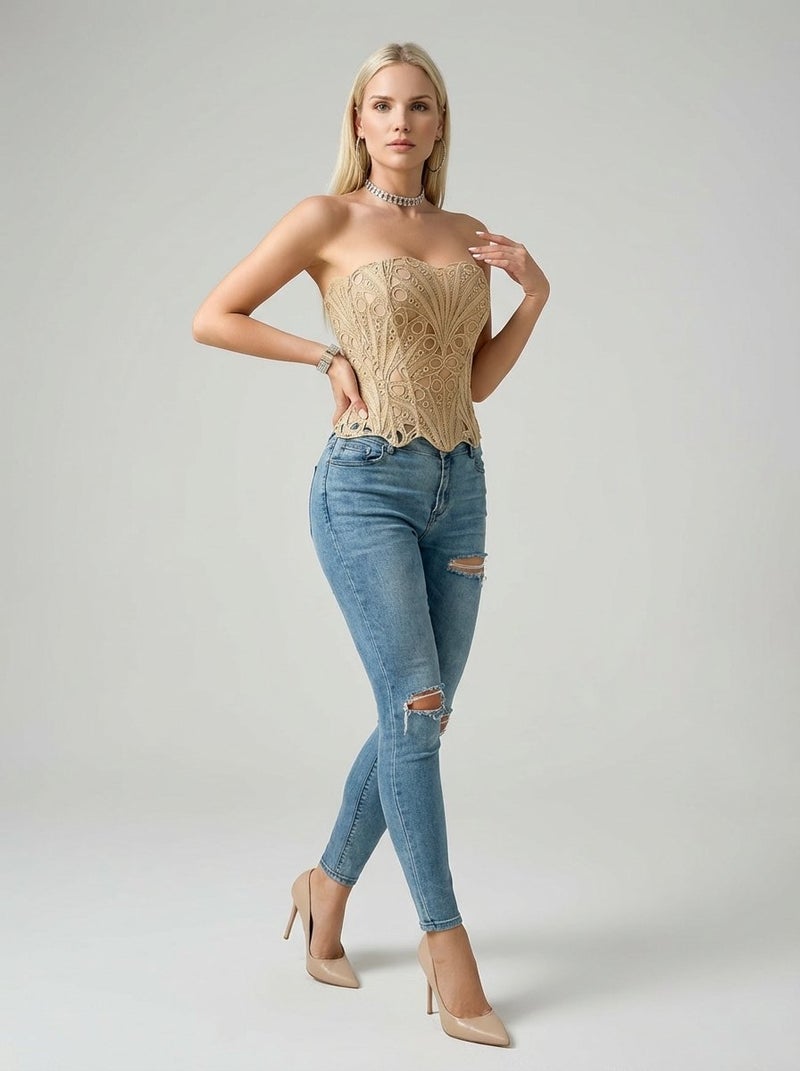 لاريسافيرولين بلوزة دانتيل بدون حمالات - بيج عتيق - Image 1