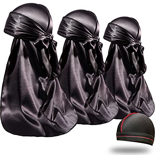 ForceWave 3 Pieces Silky Durags and 1 Wave Cap Pack for Men Waves, Moisture-Tech Fabric Satin Du-Rag - Image 1