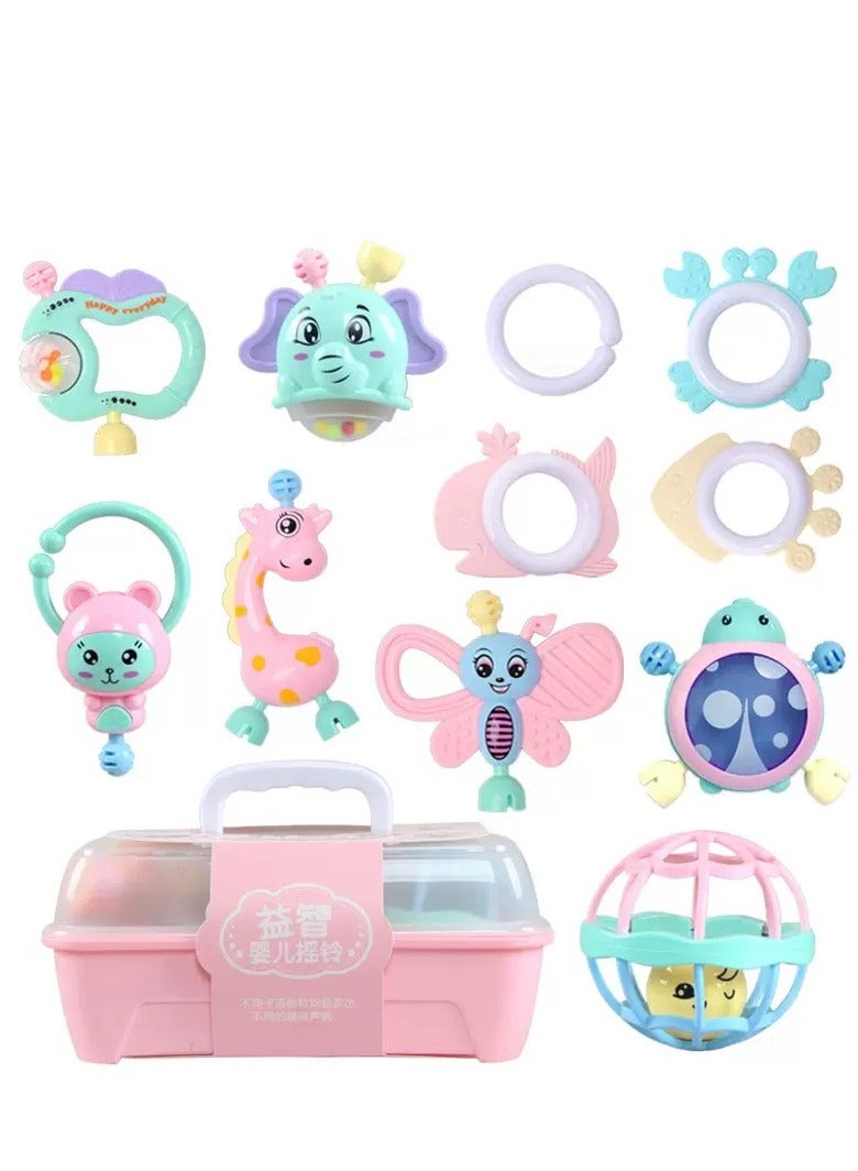 Hanayo مجموعة ألعاب رنين للأطفال مكونة من 11 قطعة بأشكال متعددة مع صندوق تخزين وردي - Image 1
