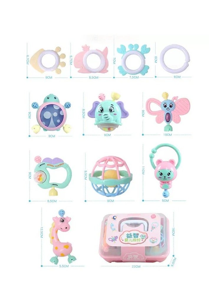 Hanayo مجموعة ألعاب رنين للأطفال مكونة من 11 قطعة بأشكال متعددة مع صندوق تخزين وردي - Image 3