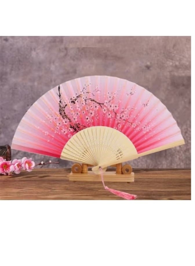 Handheld Portable Fan Simulated Silk Cloth Folding Handheld Fan Women's Hollow Bamboo Handheld Fan Wall Decoration Wedding Party Gift Pink - Image 1