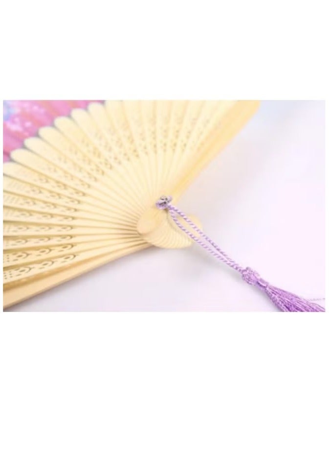 Handheld Portable Fan Simulated Silk Cloth Folding Handheld Fan Women's Hollow Bamboo Handheld Fan Wall Decoration Wedding Party Gift Pink - Image 5