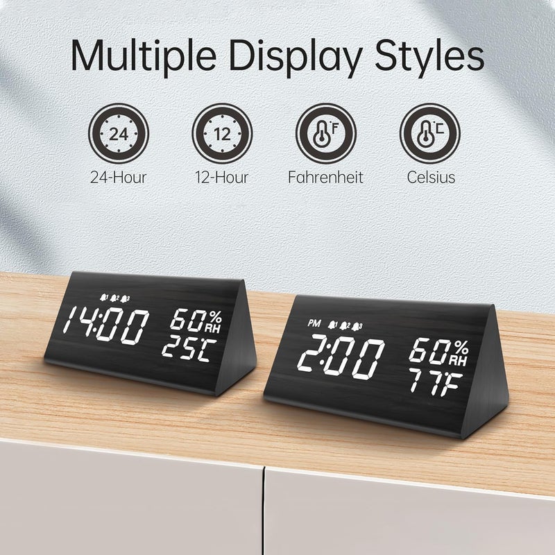 Jall Digital Alarm Clock, with Wooden Electronic LED Time Display, 3 Alarm Settings, Humidity & Temperature Detect, Wood Made Electric Clocks for Bedroom, Bedside, Black - Image 5