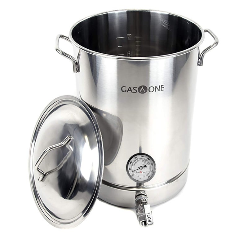 GasOne GasOne 8 Gallon Stainless Steel Home Brew Kettle Pot Pre Drilled 4 PC Set 32 Quart Tri Ply Bottom for Beer Brewing Includes Stainless Steel Lid Thermometer Ball Valve Spigot  Home Brewing Supplies