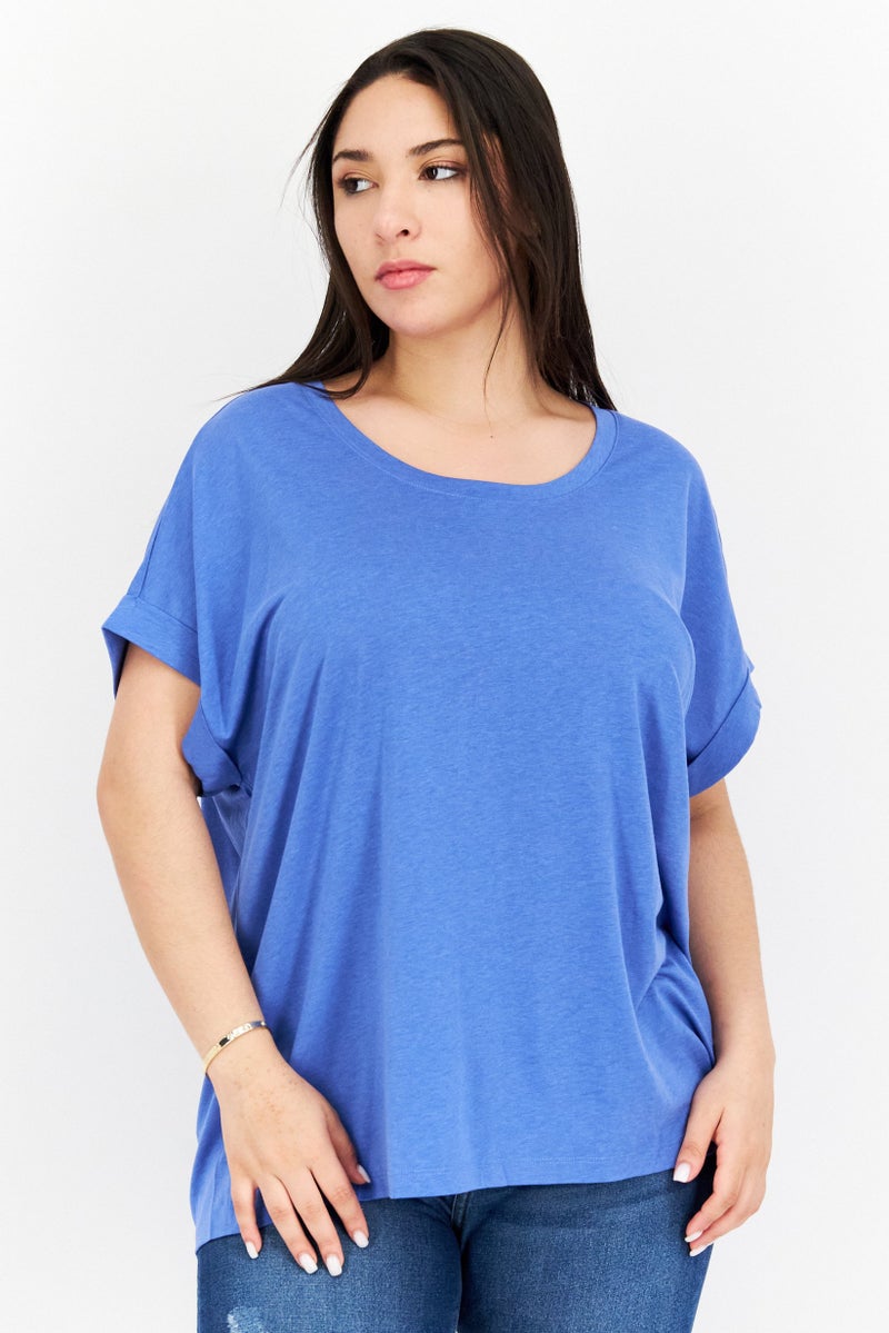NAH/ Studio Women Crew Neck Short Sleeve Plain T Shirt, Blue - Image 1