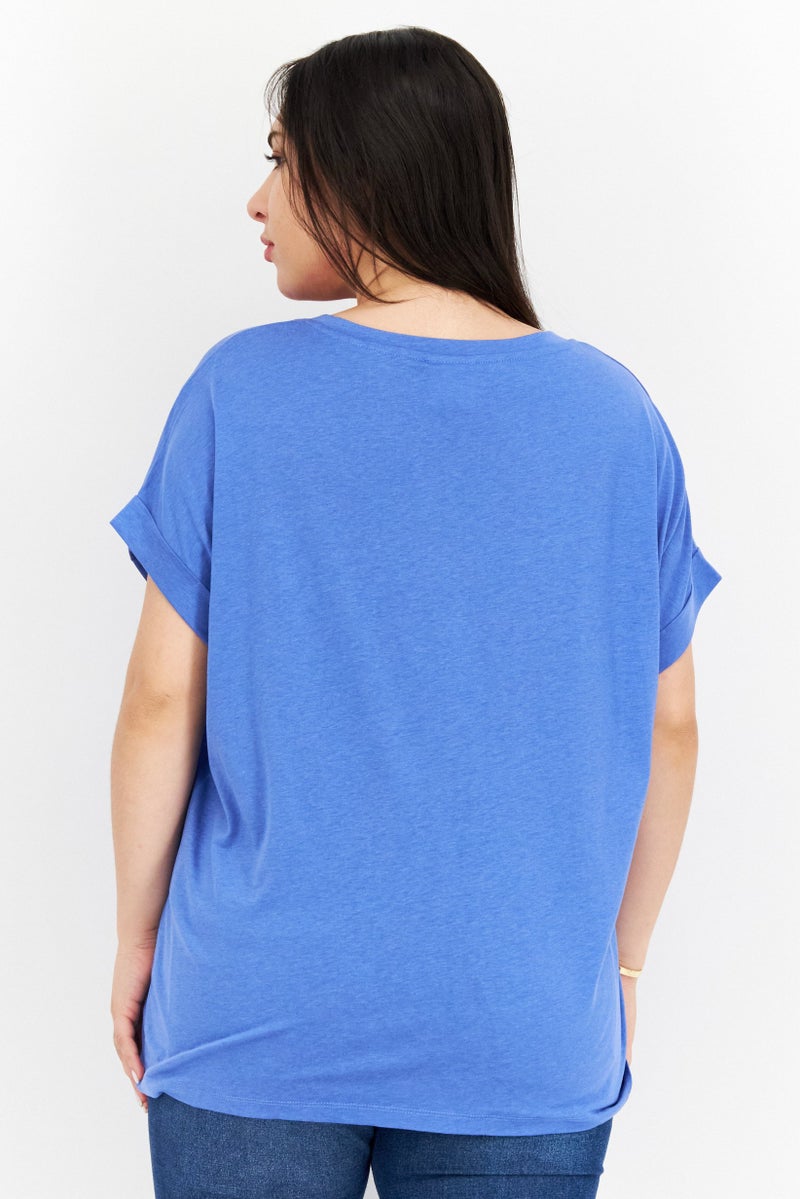 NAH/ Studio Women Crew Neck Short Sleeve Plain T Shirt, Blue - Image 3