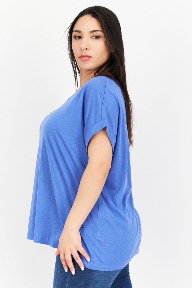 NAH/ Studio Women Crew Neck Short Sleeve Plain T Shirt, Blue - Image 4