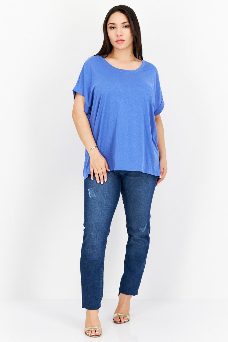 NAH/ Studio Women Crew Neck Short Sleeve Plain T Shirt, Blue - Image 2