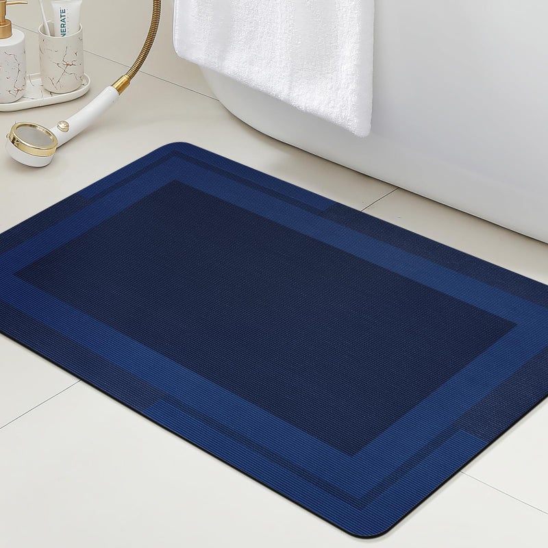 ACCUMTEK Non Slip Bath Mat, Thin Bathroom Rugs Fit Under Door, Quick Dry Bath Mats, Machine Washable Bath Rugs for Bathroom, Bathtub & Kitchen, Bathtub, Dark Blue/Bordered/24 x17 - Image 1