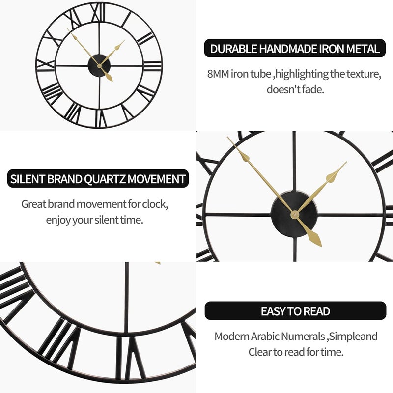 LEIKE 80CM Extra Large Wall Clock - 31" Oversize Modern Black Metal Roman Numeral Nearly Silent Little Ticking Battery Operated Wall Clocks for Living Room, Kitchen,Bedroom Farmhouse Home Decor - Image 3