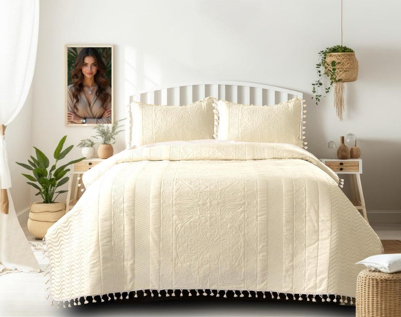 Subtlespreads Premium Quilted Bedcover with Tassels – Beige Double Bedspread 90x100 inches (230x250 cm) with 2 Pillow Covers | Ultra-Soft Microfiber | Ultrasonic Quilting (Ivory) - Image 5