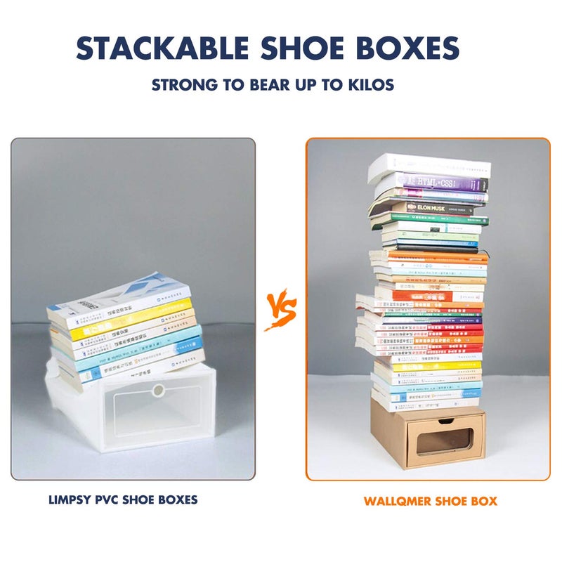 WALL QMER Shoe Box 12 Pack,13.2 x 8.3 x 5.1in Waterproof Storage Boxes, Socks, Stationery, Toys, Underwear,Heavy Duty,Stack-able Cardboard Boxes,with Marking Labels,Transparent Window - Image 4
