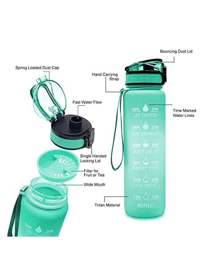 TYCOM Water Bottle 1L Gym Bottle Sport Bottle Motivational Sports Bottle with Time Marker Leakproof Drinking Sport Gym Water Bottles for Fitness Gym Outdoor With - Strainer Green - Image 3