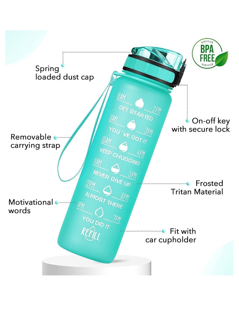 TYCOM Water Bottle 1L Gym Bottle Sport Bottle Motivational Sports Bottle with Time Marker Leakproof Drinking Sport Gym Water Bottles for Fitness Gym Outdoor With - Strainer Green - Image 4
