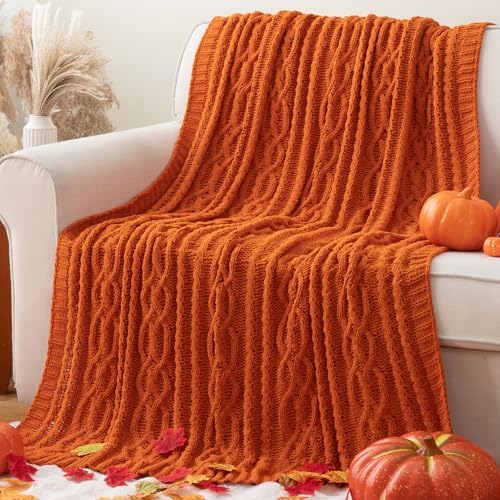 Battilo Burnt Orange Throw Blanket for Couch 51 x 67 Soft Warm Cozy Chenille Knit Blanket Boho Halloween Blanket Fall Decor Fall Throw Blanket for Bed Sofa Living Room - Image 1