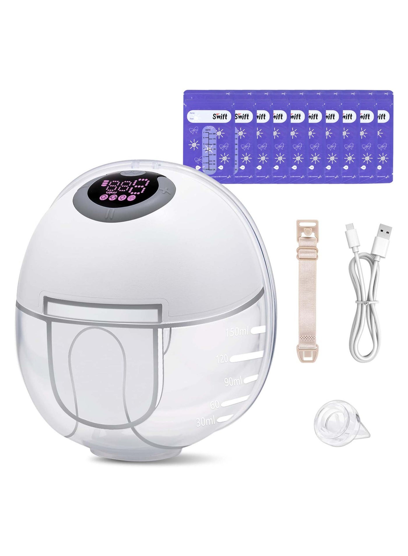 Swift Breast Pump Hands Free with 10 pcs Milk Storage Bag , Wearable Breastfeeding Pump with 3 Modes & 12 Levels, Electric Portable Breast Pump, 24mm