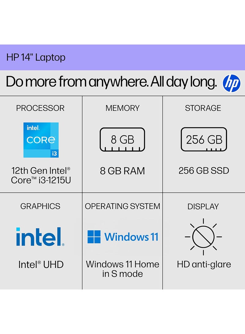 HP حاسوب محمول 9W0Z0UA#ABA بشاشة 14 بوصة بدقة Full HD، مع معالج Core i3-1215U/ذاكرة RAM سعة 8GB/قرص SSD سعة 256GB/رسومات Intel UHD/نظام Windows 11 Home - Image 2