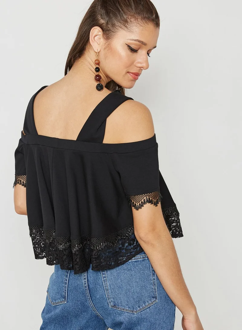 Lost Ink Petite Layered Lace Cold Shoulder Top