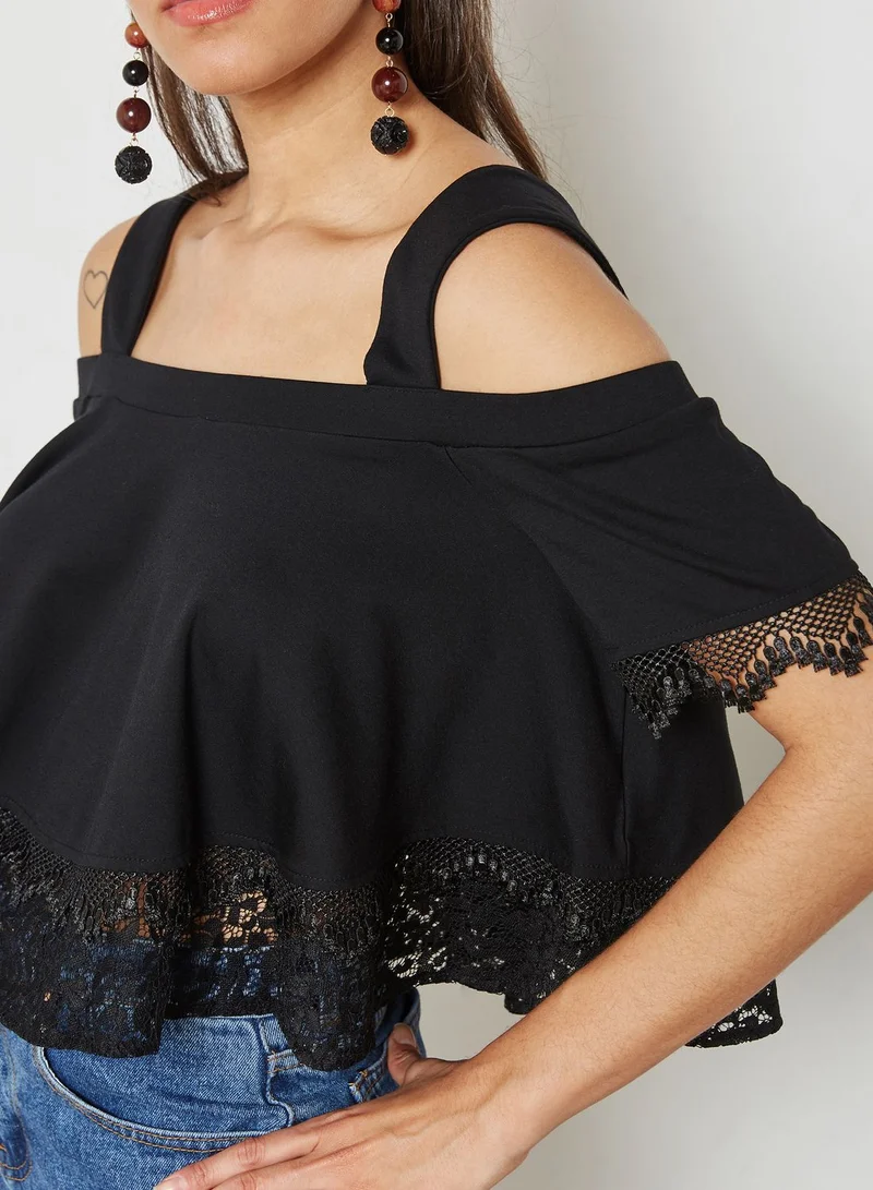 Lost Ink Petite Layered Lace Cold Shoulder Top