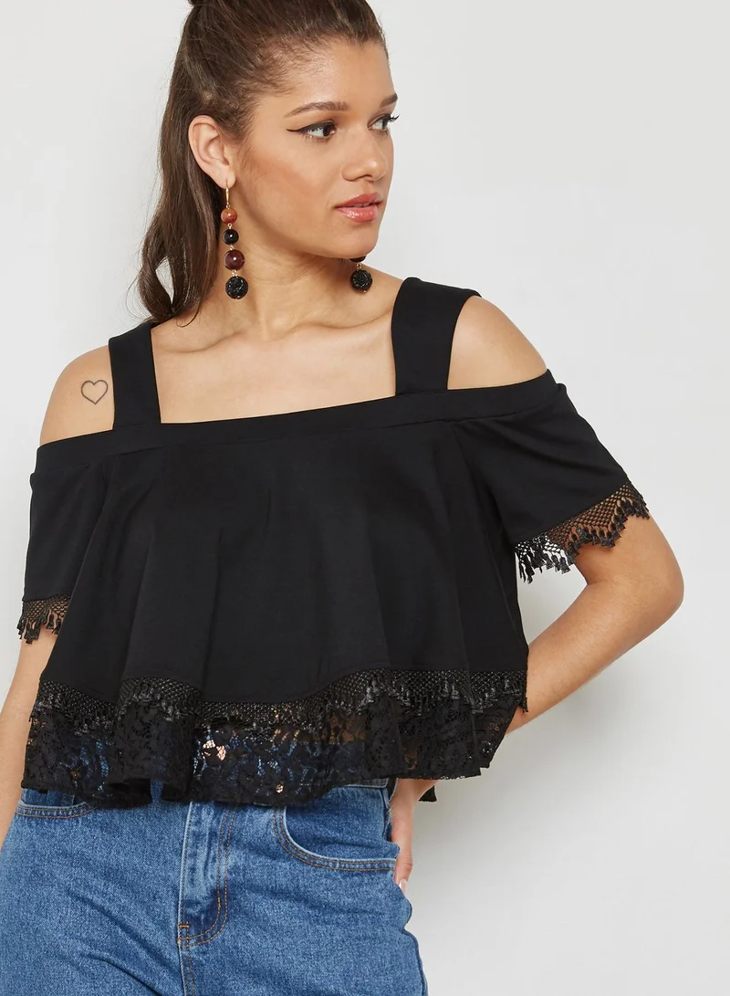 Lost Ink Petite Layered Lace Cold Shoulder Top