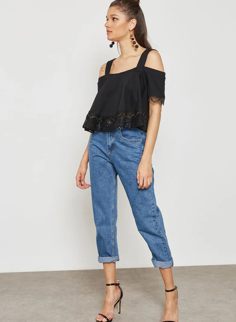 Lost Ink Petite Layered Lace Cold Shoulder Top