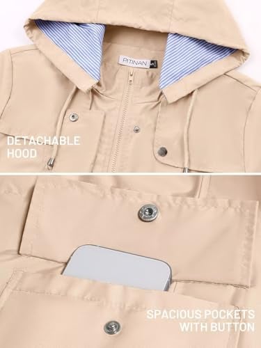 PITINAN Rain Jackets for Women Waterproof Striped Lined Womens Rain Coats Hooded Rain Jacket Lightweight Windbreaker Khaki M - Image 4