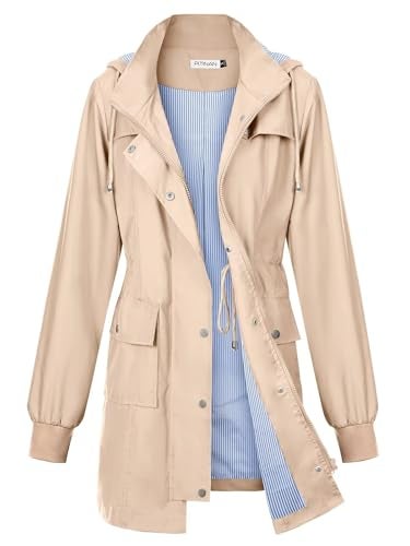 PITINAN Rain Jackets for Women Waterproof Striped Lined Womens Rain Coats Hooded Rain Jacket Lightweight Windbreaker Khaki M - Image 1
