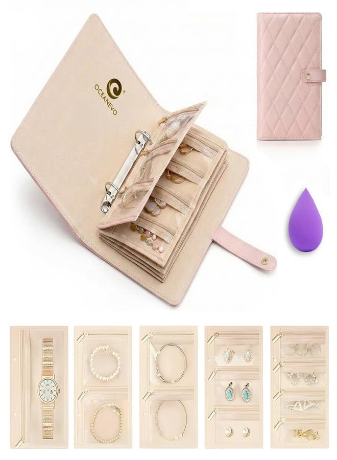 OCEANEVO Jewellery Organiser Pouch WITH Makeup Sponge, Portable Jwell Organizer Pouch for Travel, Locker, Organiser Book for Rings, Necklaces, Bangles - Set of 5 Pouches - Pink - 1 Year Warranty - Image 1