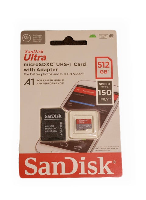 بطاقة SanDisk Ultra microSDXC UHS-I مع محول، سعة 512 جيجابايت، سرعة 150 ميجابايت/ثانية