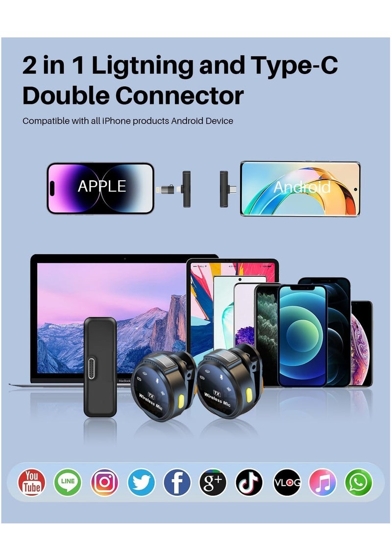 Wireless Lavalier Microphone for iPhone/Android with Lightning/USB C 2 TX+2 RX+Charging Case Mini Microphone with Noise Cancellation 30H Battery Clip on Lapel Mic for Video Recording Vlog
