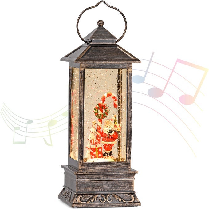 CHRISTMAS MUSICAL SNOW GLOBE LANTERN 12 INCH SPINNING GLITTERING LANTERN WITH 6 HOURS TIMER USB POWERED BATTERY OPERATED FOR CHRISTMAS DECORATIONS SANTA CLAUS AND CANDY CANE